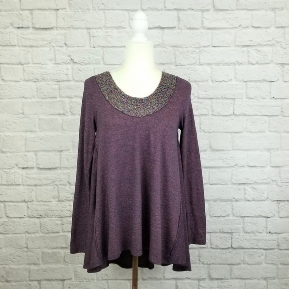 Altar'd State heather purple beaded neckline long sleeve top women's size S - Picture 2 of 8